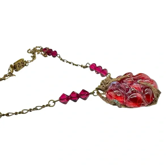 Vintage Art Deco Czech(?) Red Art Glass & Crystal Brass Necklace - Picture 4 of 12